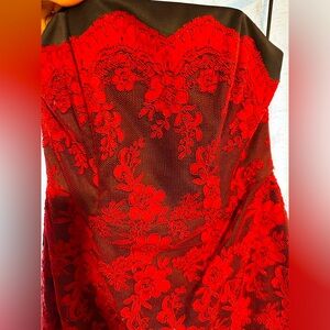 Red lace strapless dress by Cibeline Sariano